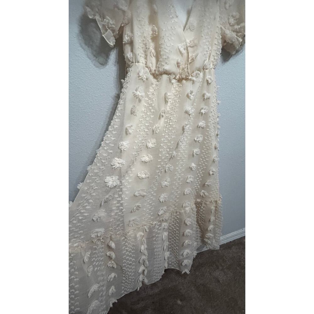 SHEIN Cottagecore Curve V-Neck Jacquard Puff Sleeve Tie Front Cream 3D Dress 1X - Picture 6 of 9